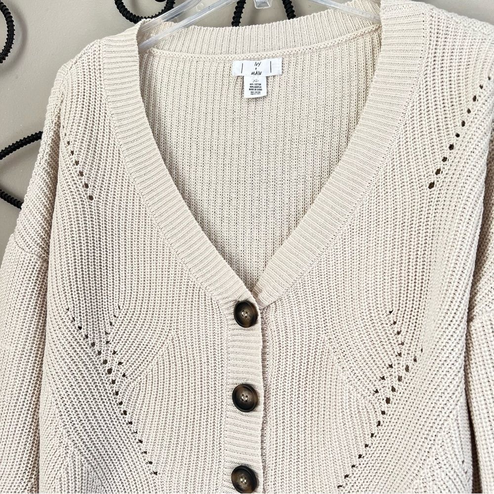 Ivy & Main Cream Pointelle Knit Cropped Cardigan Sweater Soft Girl Boho Chic XL - Picture 4 of 13